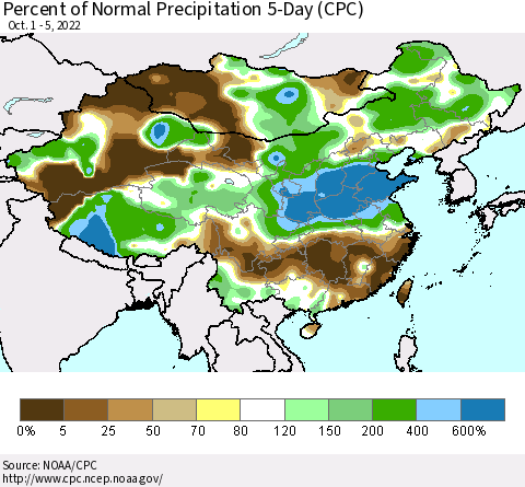 China, Mongolia and Taiwan Percent of Normal Precipitation 5-Day (CPC) Thematic Map For 10/1/2022 - 10/5/2022