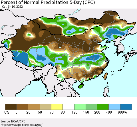 China, Mongolia and Taiwan Percent of Normal Precipitation 5-Day (CPC) Thematic Map For 10/6/2022 - 10/10/2022