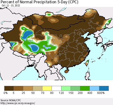 China, Mongolia and Taiwan Percent of Normal Precipitation 5-Day (CPC) Thematic Map For 10/11/2022 - 10/15/2022