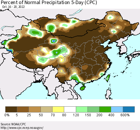 China, Mongolia and Taiwan Percent of Normal Precipitation 5-Day (CPC) Thematic Map For 10/16/2022 - 10/20/2022