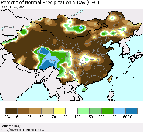 China, Mongolia and Taiwan Percent of Normal Precipitation 5-Day (CPC) Thematic Map For 10/21/2022 - 10/25/2022