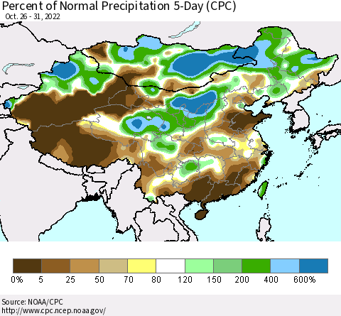 China, Mongolia and Taiwan Percent of Normal Precipitation 5-Day (CPC) Thematic Map For 10/26/2022 - 10/31/2022