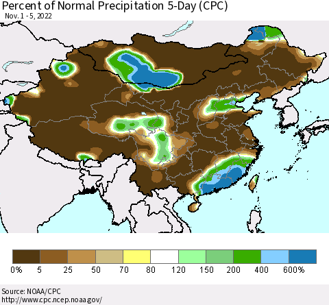 China, Mongolia and Taiwan Percent of Normal Precipitation 5-Day (CPC) Thematic Map For 11/1/2022 - 11/5/2022