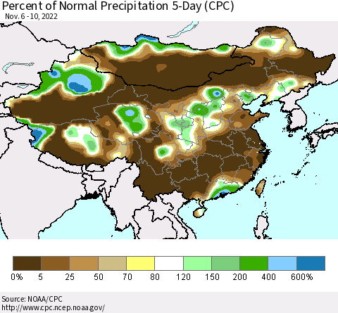 China, Mongolia and Taiwan Percent of Normal Precipitation 5-Day (CPC) Thematic Map For 11/6/2022 - 11/10/2022