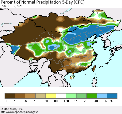 China, Mongolia and Taiwan Percent of Normal Precipitation 5-Day (CPC) Thematic Map For 11/11/2022 - 11/15/2022