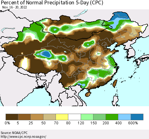 China, Mongolia and Taiwan Percent of Normal Precipitation 5-Day (CPC) Thematic Map For 11/16/2022 - 11/20/2022