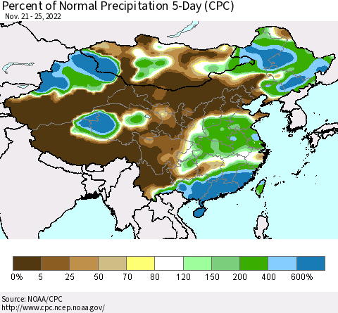 China, Mongolia and Taiwan Percent of Normal Precipitation 5-Day (CPC) Thematic Map For 11/21/2022 - 11/25/2022