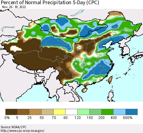 China, Mongolia and Taiwan Percent of Normal Precipitation 5-Day (CPC) Thematic Map For 11/26/2022 - 11/30/2022