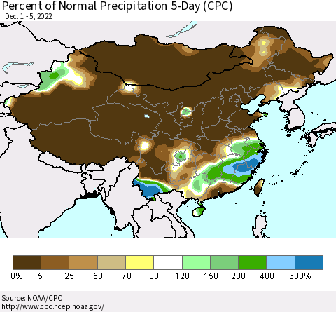 China, Mongolia and Taiwan Percent of Normal Precipitation 5-Day (CPC) Thematic Map For 12/1/2022 - 12/5/2022
