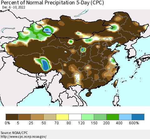 China, Mongolia and Taiwan Percent of Normal Precipitation 5-Day (CPC) Thematic Map For 12/6/2022 - 12/10/2022