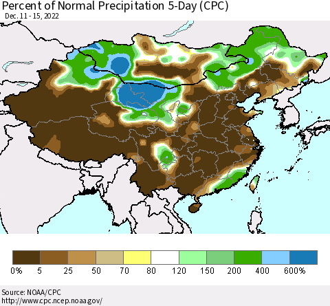 China, Mongolia and Taiwan Percent of Normal Precipitation 5-Day (CPC) Thematic Map For 12/11/2022 - 12/15/2022