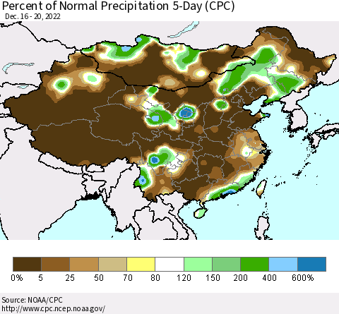 China, Mongolia and Taiwan Percent of Normal Precipitation 5-Day (CPC) Thematic Map For 12/16/2022 - 12/20/2022