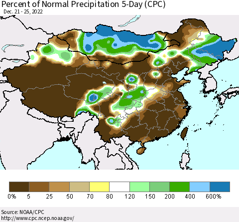 China, Mongolia and Taiwan Percent of Normal Precipitation 5-Day (CPC) Thematic Map For 12/21/2022 - 12/25/2022
