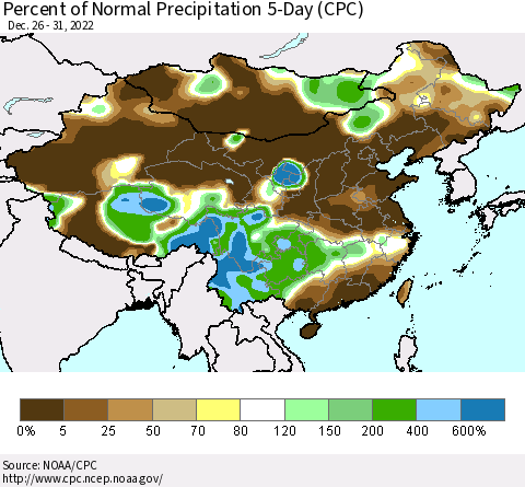 China, Mongolia and Taiwan Percent of Normal Precipitation 5-Day (CPC) Thematic Map For 12/26/2022 - 12/31/2022