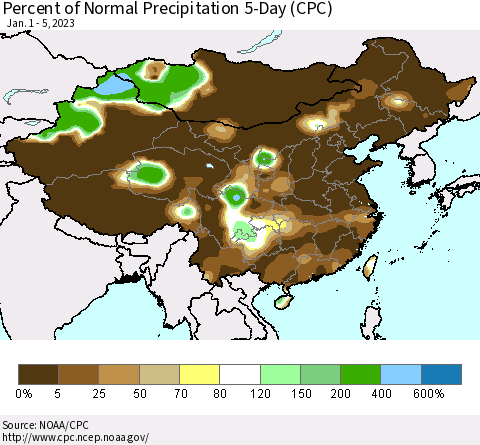 China, Mongolia and Taiwan Percent of Normal Precipitation 5-Day (CPC) Thematic Map For 1/1/2023 - 1/5/2023