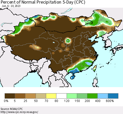 China, Mongolia and Taiwan Percent of Normal Precipitation 5-Day (CPC) Thematic Map For 1/6/2023 - 1/10/2023