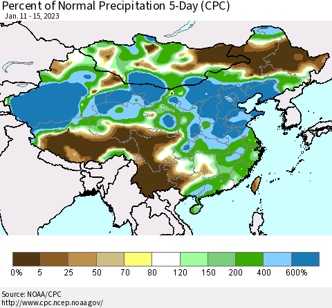 China, Mongolia and Taiwan Percent of Normal Precipitation 5-Day (CPC) Thematic Map For 1/11/2023 - 1/15/2023
