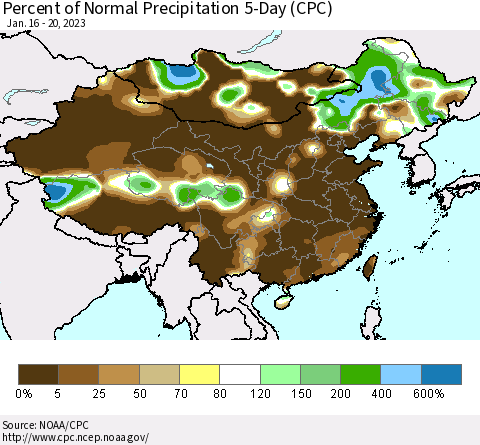 China, Mongolia and Taiwan Percent of Normal Precipitation 5-Day (CPC) Thematic Map For 1/16/2023 - 1/20/2023