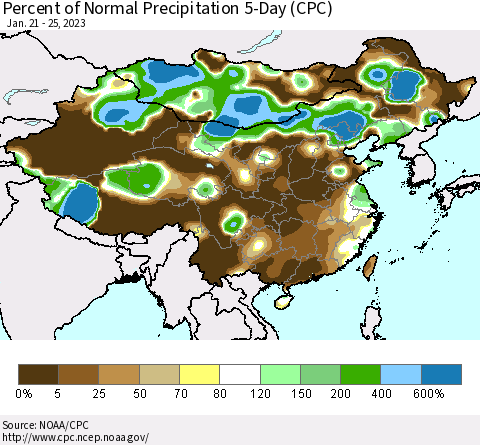 China, Mongolia and Taiwan Percent of Normal Precipitation 5-Day (CPC) Thematic Map For 1/21/2023 - 1/25/2023