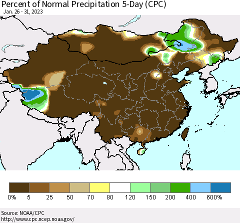 China, Mongolia and Taiwan Percent of Normal Precipitation 5-Day (CPC) Thematic Map For 1/26/2023 - 1/31/2023