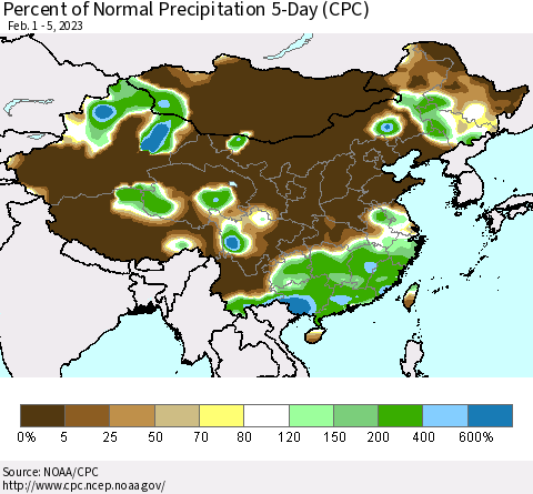 China, Mongolia and Taiwan Percent of Normal Precipitation 5-Day (CPC) Thematic Map For 2/1/2023 - 2/5/2023
