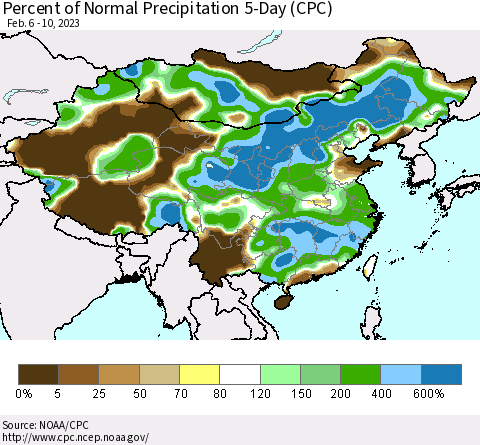 China, Mongolia and Taiwan Percent of Normal Precipitation 5-Day (CPC) Thematic Map For 2/6/2023 - 2/10/2023
