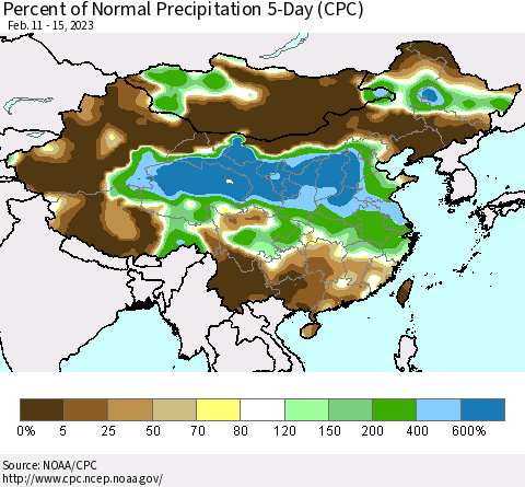 China, Mongolia and Taiwan Percent of Normal Precipitation 5-Day (CPC) Thematic Map For 2/11/2023 - 2/15/2023