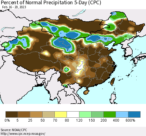 China, Mongolia and Taiwan Percent of Normal Precipitation 5-Day (CPC) Thematic Map For 2/16/2023 - 2/20/2023