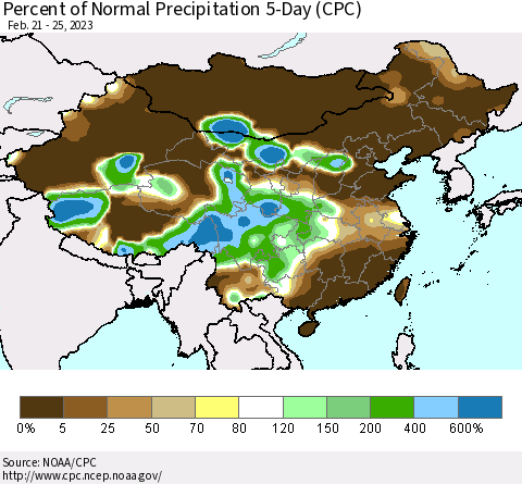 China, Mongolia and Taiwan Percent of Normal Precipitation 5-Day (CPC) Thematic Map For 2/21/2023 - 2/25/2023