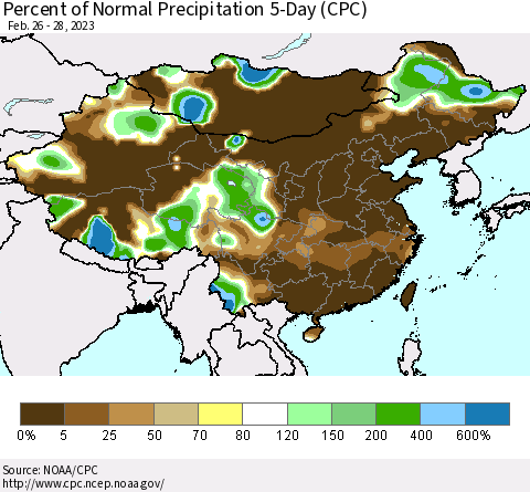 China, Mongolia and Taiwan Percent of Normal Precipitation 5-Day (CPC) Thematic Map For 2/26/2023 - 2/28/2023