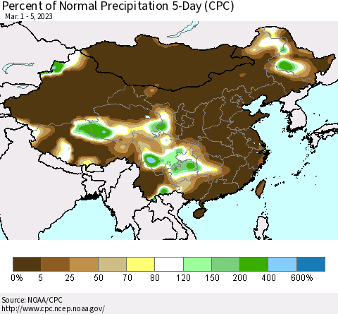 China, Mongolia and Taiwan Percent of Normal Precipitation 5-Day (CPC) Thematic Map For 3/1/2023 - 3/5/2023