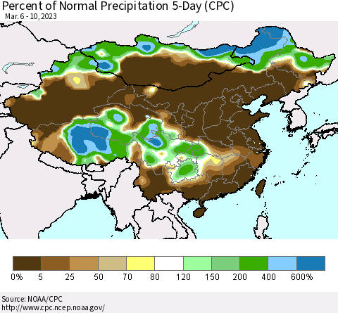 China, Mongolia and Taiwan Percent of Normal Precipitation 5-Day (CPC) Thematic Map For 3/6/2023 - 3/10/2023