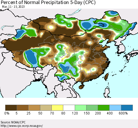 China, Mongolia and Taiwan Percent of Normal Precipitation 5-Day (CPC) Thematic Map For 3/11/2023 - 3/15/2023