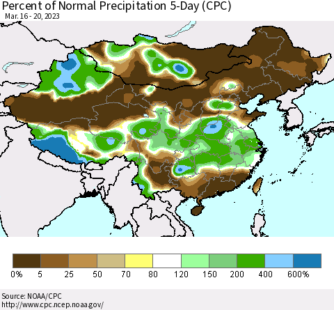 China, Mongolia and Taiwan Percent of Normal Precipitation 5-Day (CPC) Thematic Map For 3/16/2023 - 3/20/2023