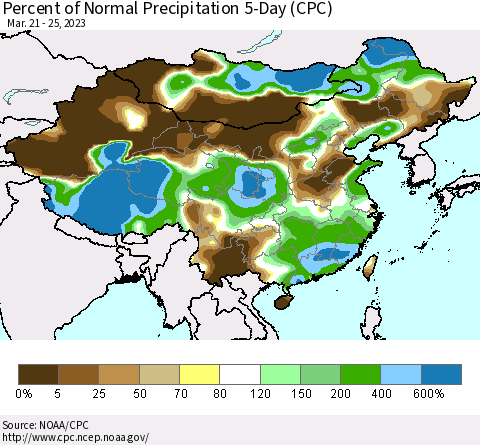 China, Mongolia and Taiwan Percent of Normal Precipitation 5-Day (CPC) Thematic Map For 3/21/2023 - 3/25/2023