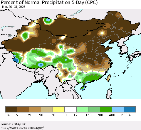 China, Mongolia and Taiwan Percent of Normal Precipitation 5-Day (CPC) Thematic Map For 3/26/2023 - 3/31/2023