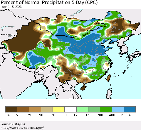 China, Mongolia and Taiwan Percent of Normal Precipitation 5-Day (CPC) Thematic Map For 4/1/2023 - 4/5/2023