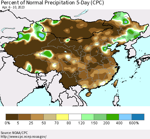 China, Mongolia and Taiwan Percent of Normal Precipitation 5-Day (CPC) Thematic Map For 4/6/2023 - 4/10/2023