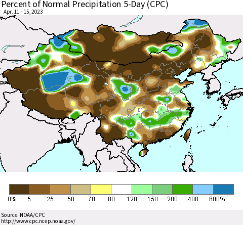 China, Mongolia and Taiwan Percent of Normal Precipitation 5-Day (CPC) Thematic Map For 4/11/2023 - 4/15/2023