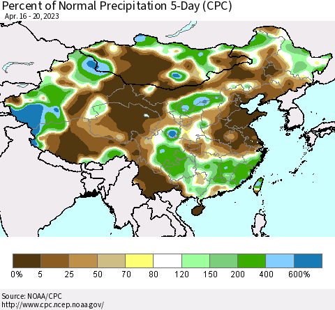 China, Mongolia and Taiwan Percent of Normal Precipitation 5-Day (CPC) Thematic Map For 4/16/2023 - 4/20/2023