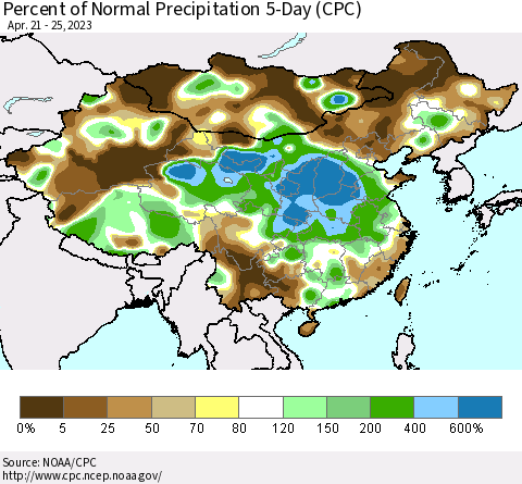 China, Mongolia and Taiwan Percent of Normal Precipitation 5-Day (CPC) Thematic Map For 4/21/2023 - 4/25/2023