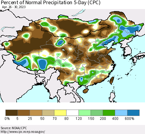 China, Mongolia and Taiwan Percent of Normal Precipitation 5-Day (CPC) Thematic Map For 4/26/2023 - 4/30/2023