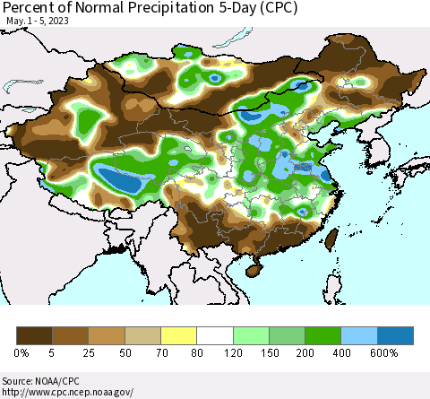 China, Mongolia and Taiwan Percent of Normal Precipitation 5-Day (CPC) Thematic Map For 5/1/2023 - 5/5/2023