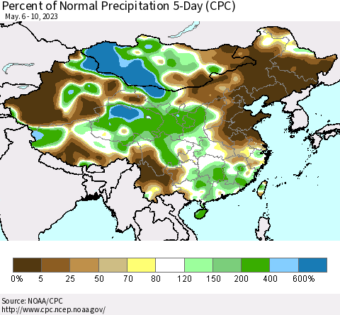 China, Mongolia and Taiwan Percent of Normal Precipitation 5-Day (CPC) Thematic Map For 5/6/2023 - 5/10/2023