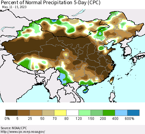China, Mongolia and Taiwan Percent of Normal Precipitation 5-Day (CPC) Thematic Map For 5/11/2023 - 5/15/2023