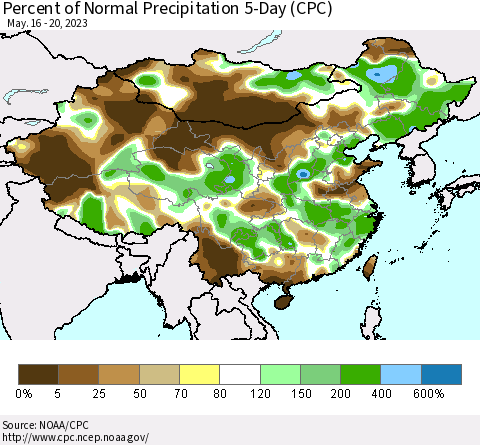 China, Mongolia and Taiwan Percent of Normal Precipitation 5-Day (CPC) Thematic Map For 5/16/2023 - 5/20/2023
