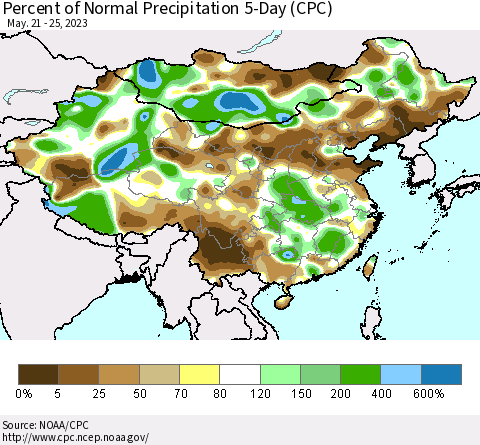 China, Mongolia and Taiwan Percent of Normal Precipitation 5-Day (CPC) Thematic Map For 5/21/2023 - 5/25/2023