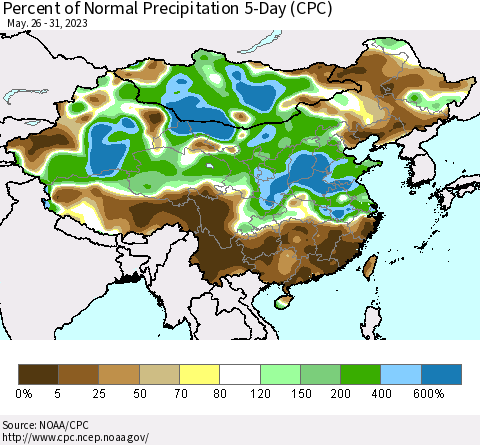 China, Mongolia and Taiwan Percent of Normal Precipitation 5-Day (CPC) Thematic Map For 5/26/2023 - 5/31/2023