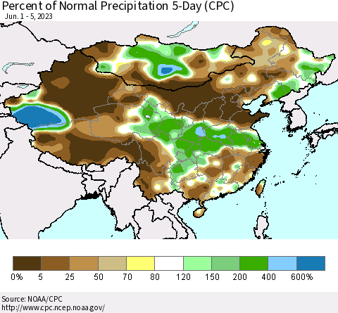 China, Mongolia and Taiwan Percent of Normal Precipitation 5-Day (CPC) Thematic Map For 6/1/2023 - 6/5/2023