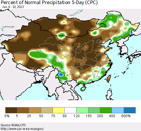 China, Mongolia and Taiwan Percent of Normal Precipitation 5-Day (CPC) Thematic Map For 6/6/2023 - 6/10/2023
